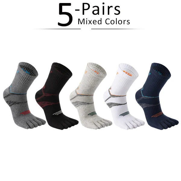 Five pairs of mixed colored men's sport compression socks displayed side by side.
