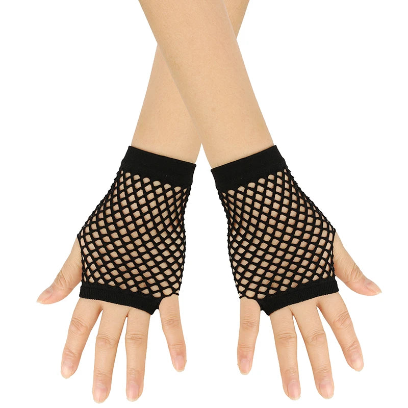 Mesh fingerless gloves for party and costume shown on a hand