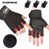 A set of black workout gloves with red accents shown on a hand and separate for sale.
