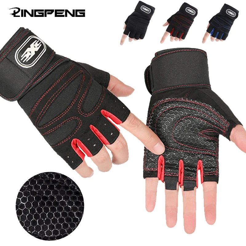 A set of black workout gloves with red accents shown on a hand and separate for sale.