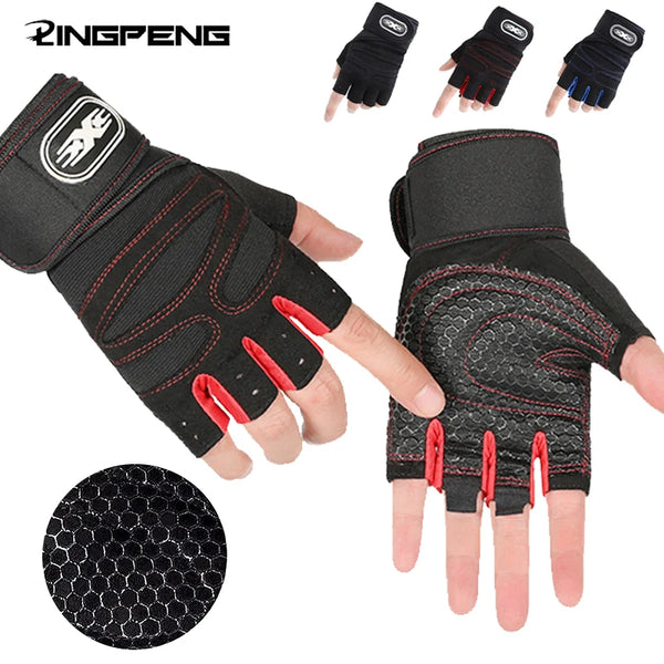 A set of black workout gloves with red accents shown on a hand and separate for sale.