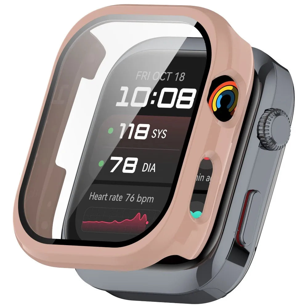 A close-up view of a Huawei Watch D2 encased in a protective case, displaying time, heart rate, and system information.