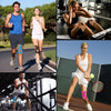 Eine weibliche Tennisspielerin führt einen Tennis-Schlag aus und trägt Kniestabilisierband am Bein.