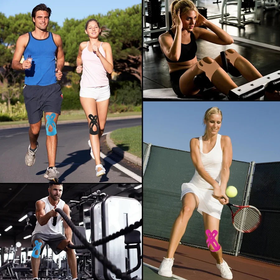 Eine weibliche Tennisspielerin führt einen Tennis-Schlag aus und trägt Kniestabilisierband am Bein.