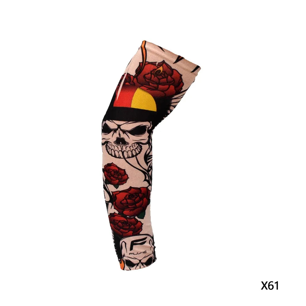 A black and red stretch tattoo arm sleeve featuring a skull and rose design.