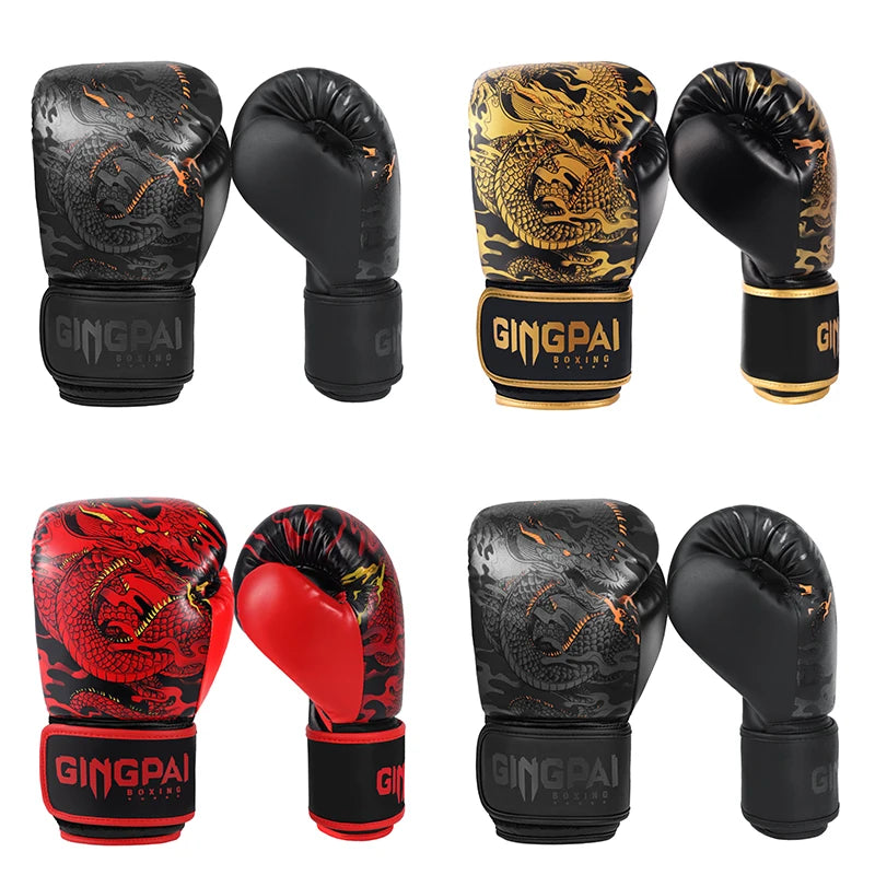 Ein Set schwarzer und goldener Boxhandschuhe in verschiedenen Winkeln und Farben.