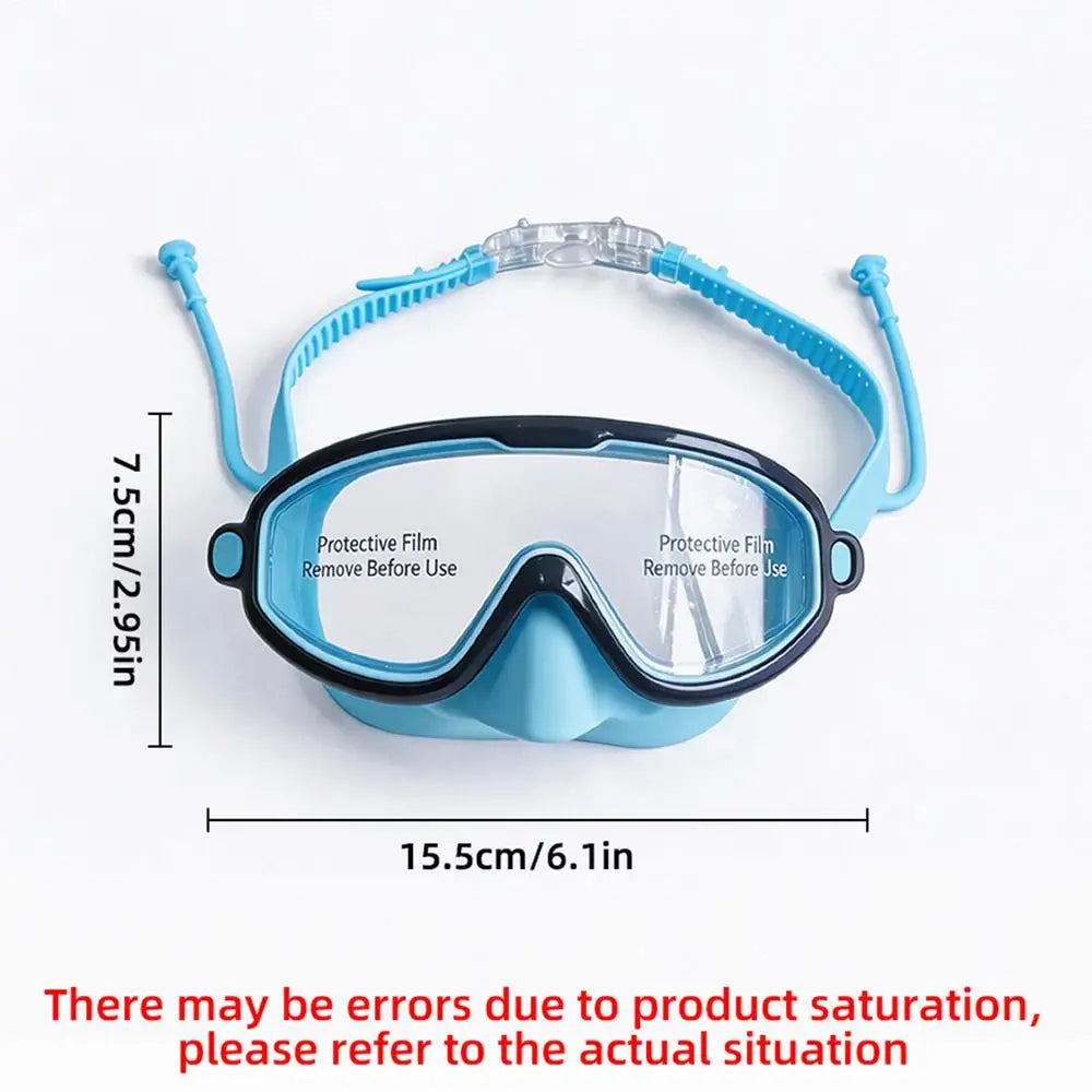 Light blue kids swimming goggles with clear anti-fog lenses shown from above