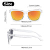 A pair of gradient mirrored sunglasses shown with size measurements.