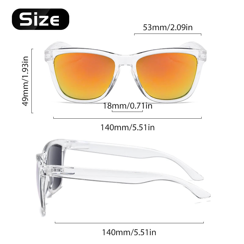 A pair of gradient mirrored sunglasses shown with size measurements.