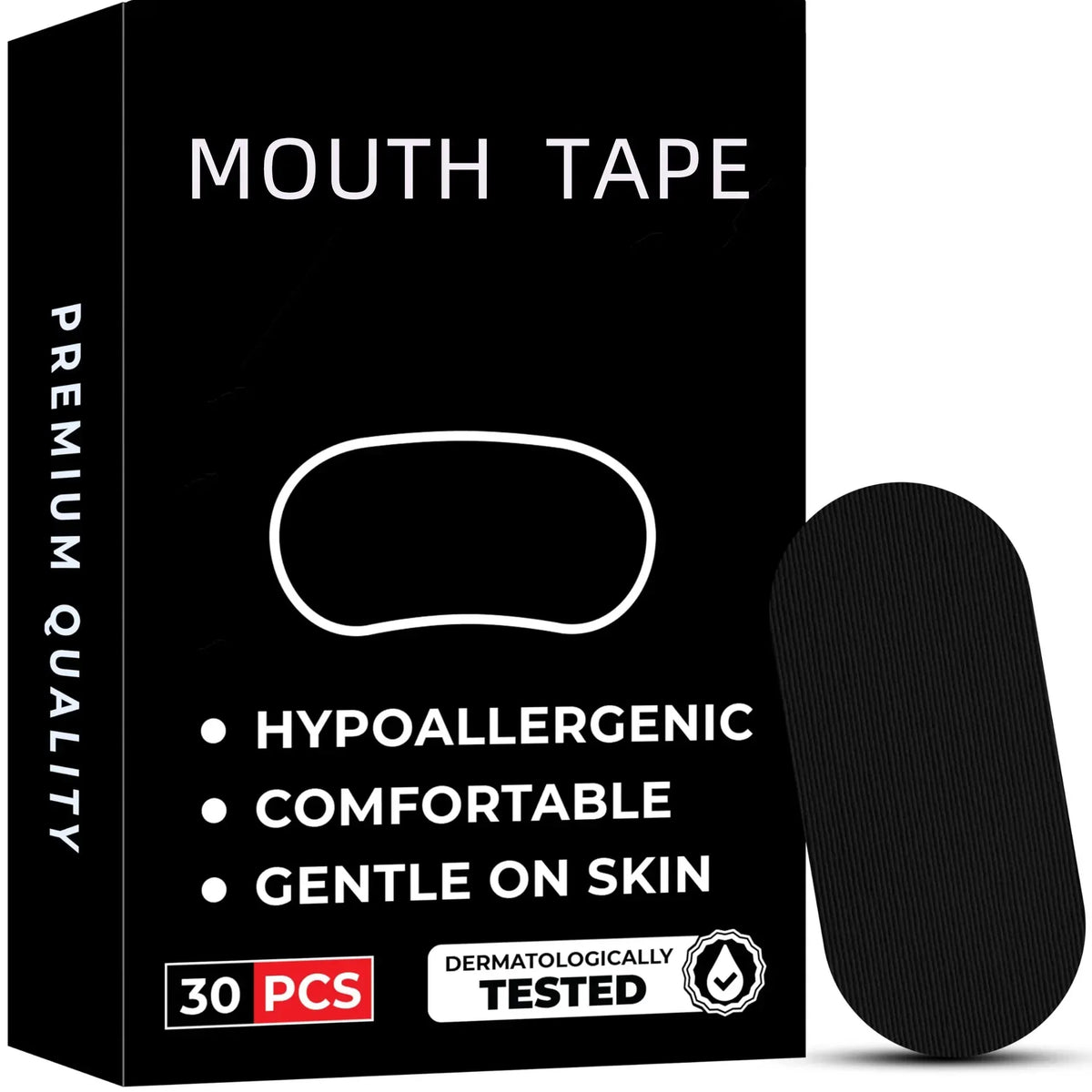 Schwarze Verpackung für Premium-Mundtape mit hypoallergenen und sanften Hautmerkmalen.