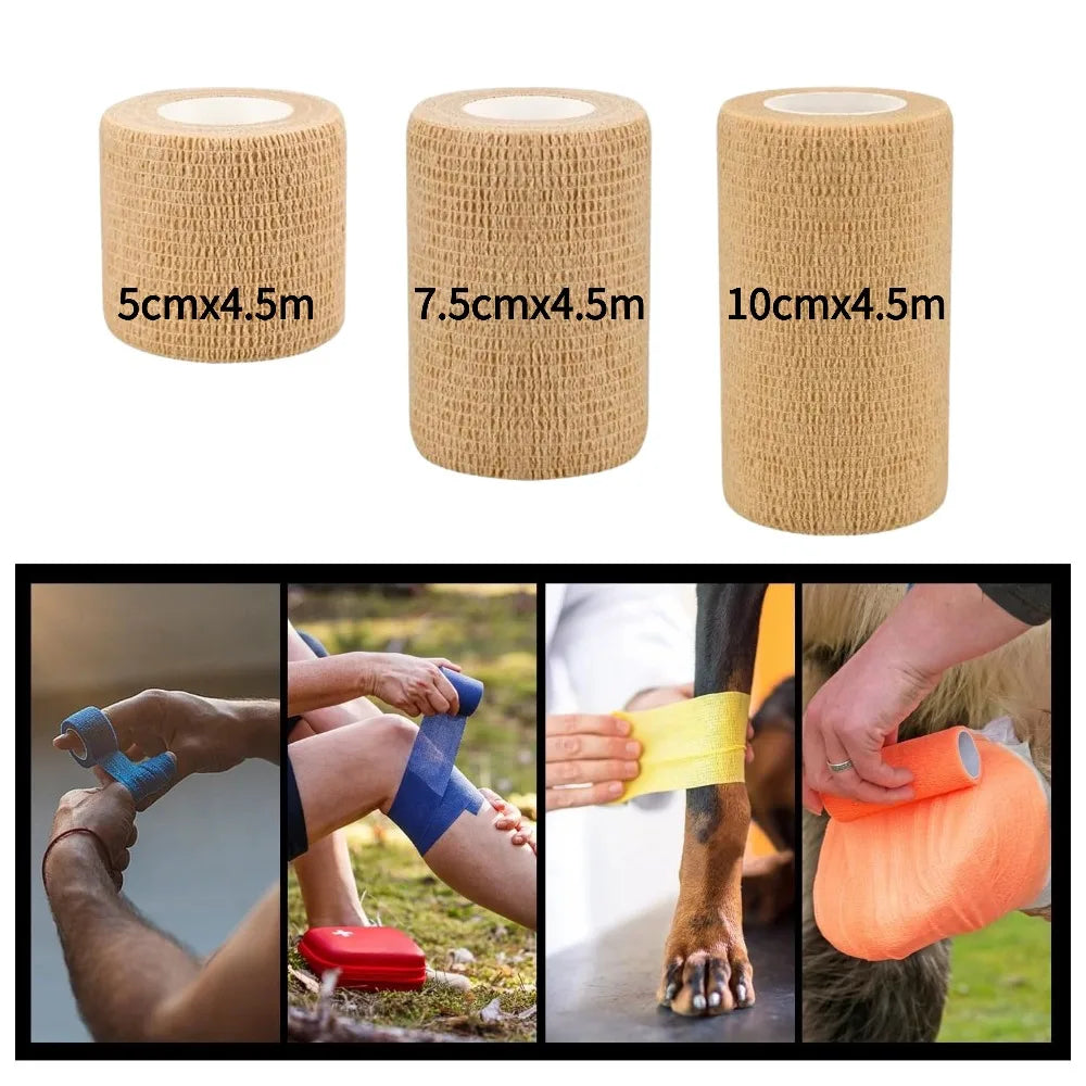Rolls of beige elastic bandage tape in various widths, shown being applied to a limb.