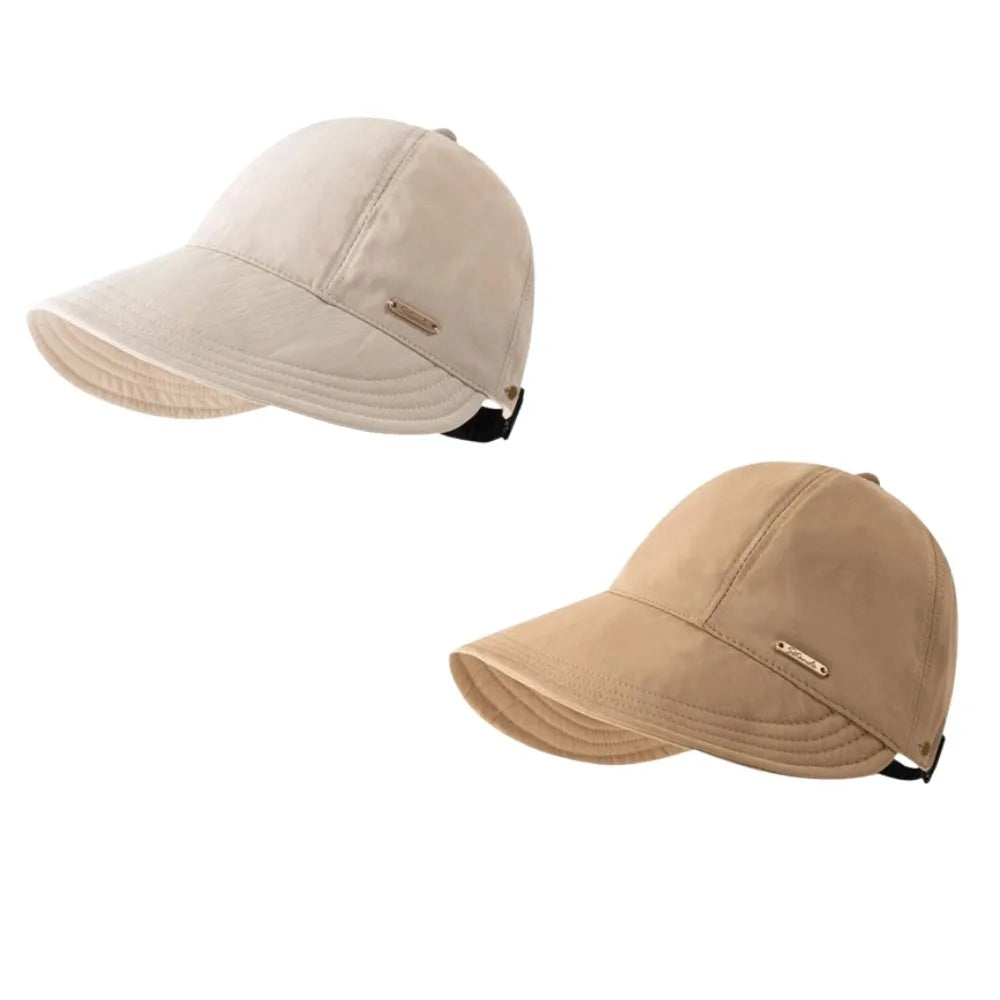 Gorra de béisbol de ala ancha y visera UV color beige claro, vista de perfil.