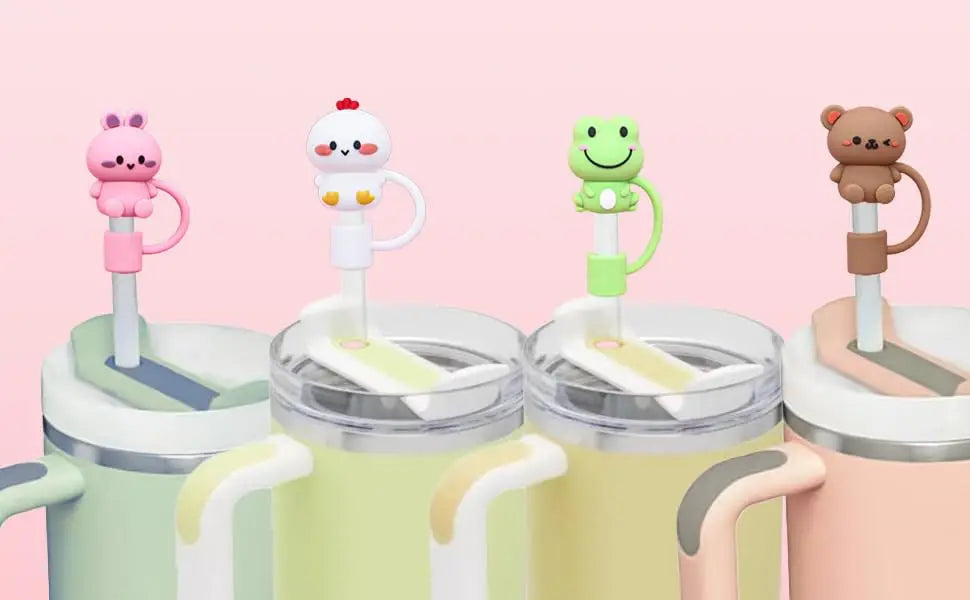A set of reusable silicone straw covers featuring cute animal designs like a pink rabbit, white bear, green lizard, and brown