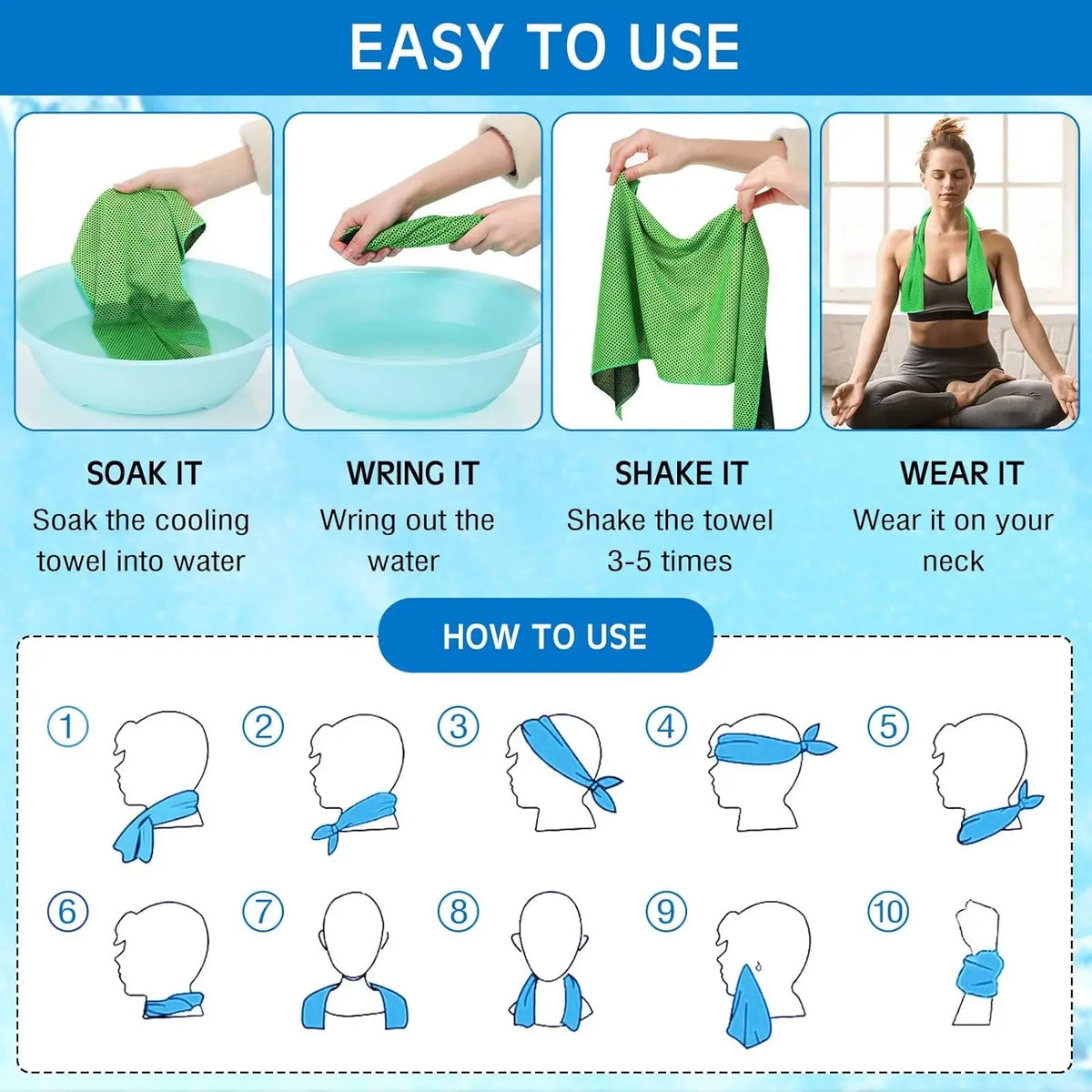 Instructions show how to soak, wring, shake, and wear cooling microfiber towels on the neck.