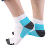 Ankle compression socks featuring white and bright blue patterned fabric for foot pain relief