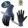 A pair of blue and black durable cut-resistant work gloves shown with a knife, labeled ANSI A5 cut protection.