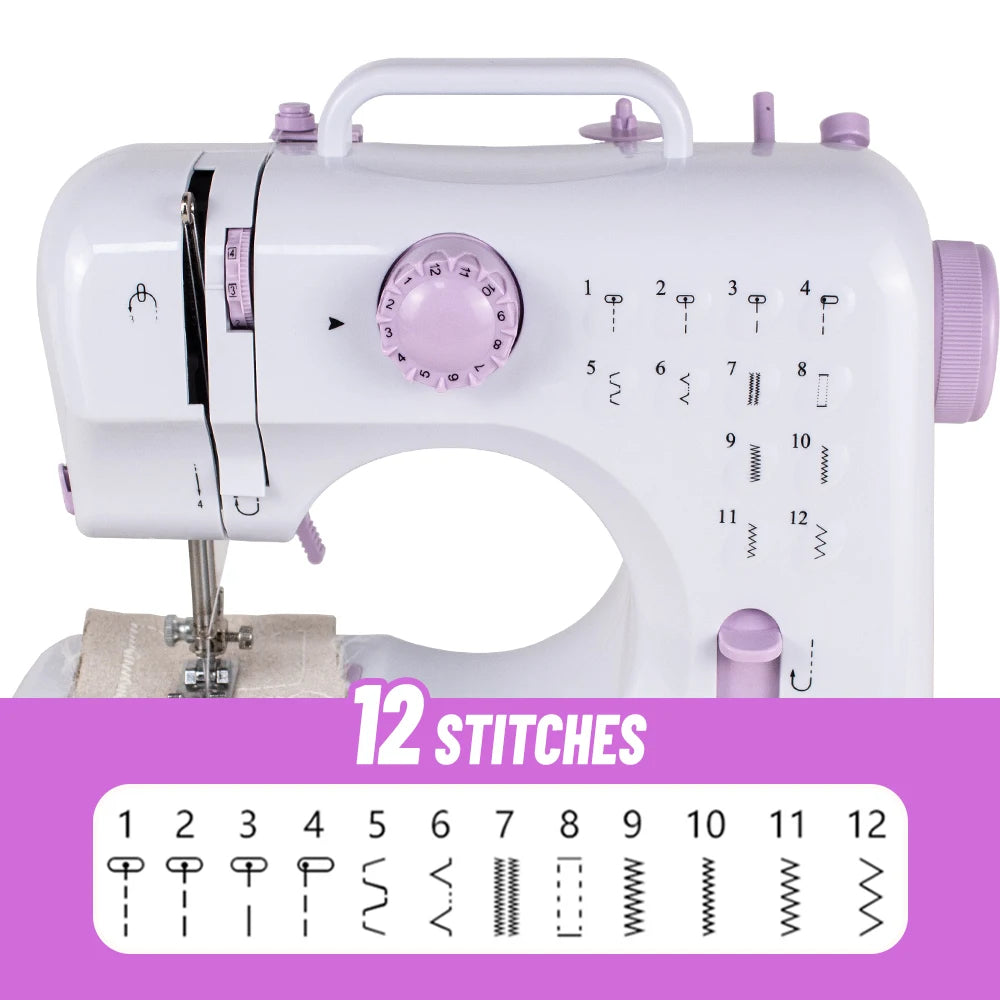 Weiße tragbare Mini-Nähmaschine mit rosa Griff und nummerierten Stich-Einstellungen sichtbar.