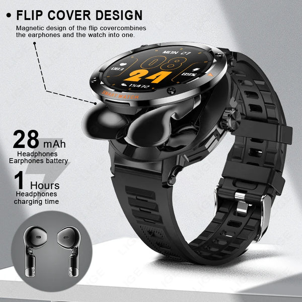 A black smart watch featuring a flip cover design, shown next to its paired earphones.