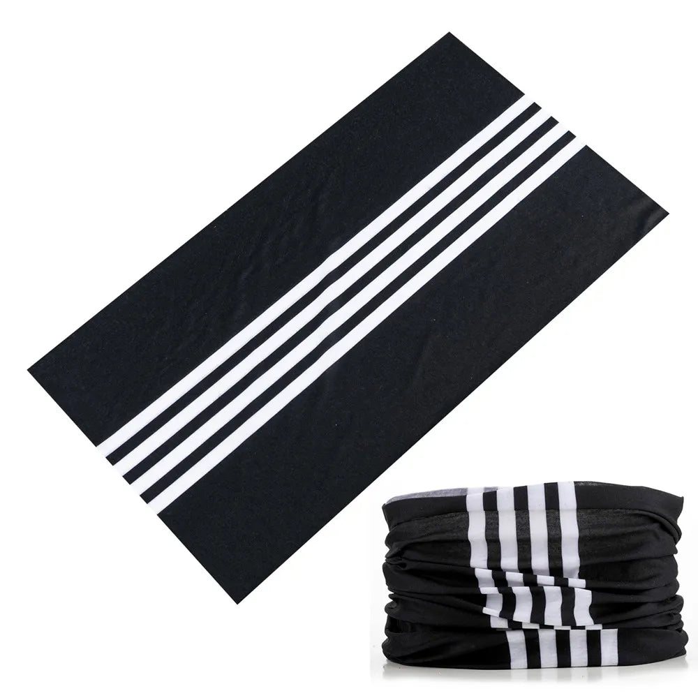 Black fabric headband or balaclava with white stripes, shown diagonally.