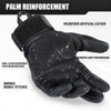 Black tactical gloves featuring palm reinforcement and microfiber artificial leather for improved grip performance