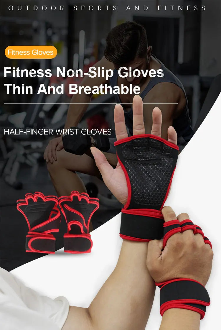 A hand wearing a black and red fitness non-slip half-finger wrist glove for strength training.