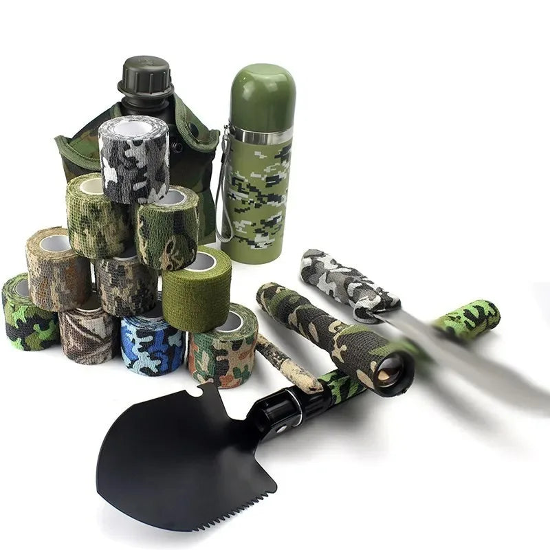 A collection of sport camouflage elastic bandage wraps and a knife are displayed on a white background.