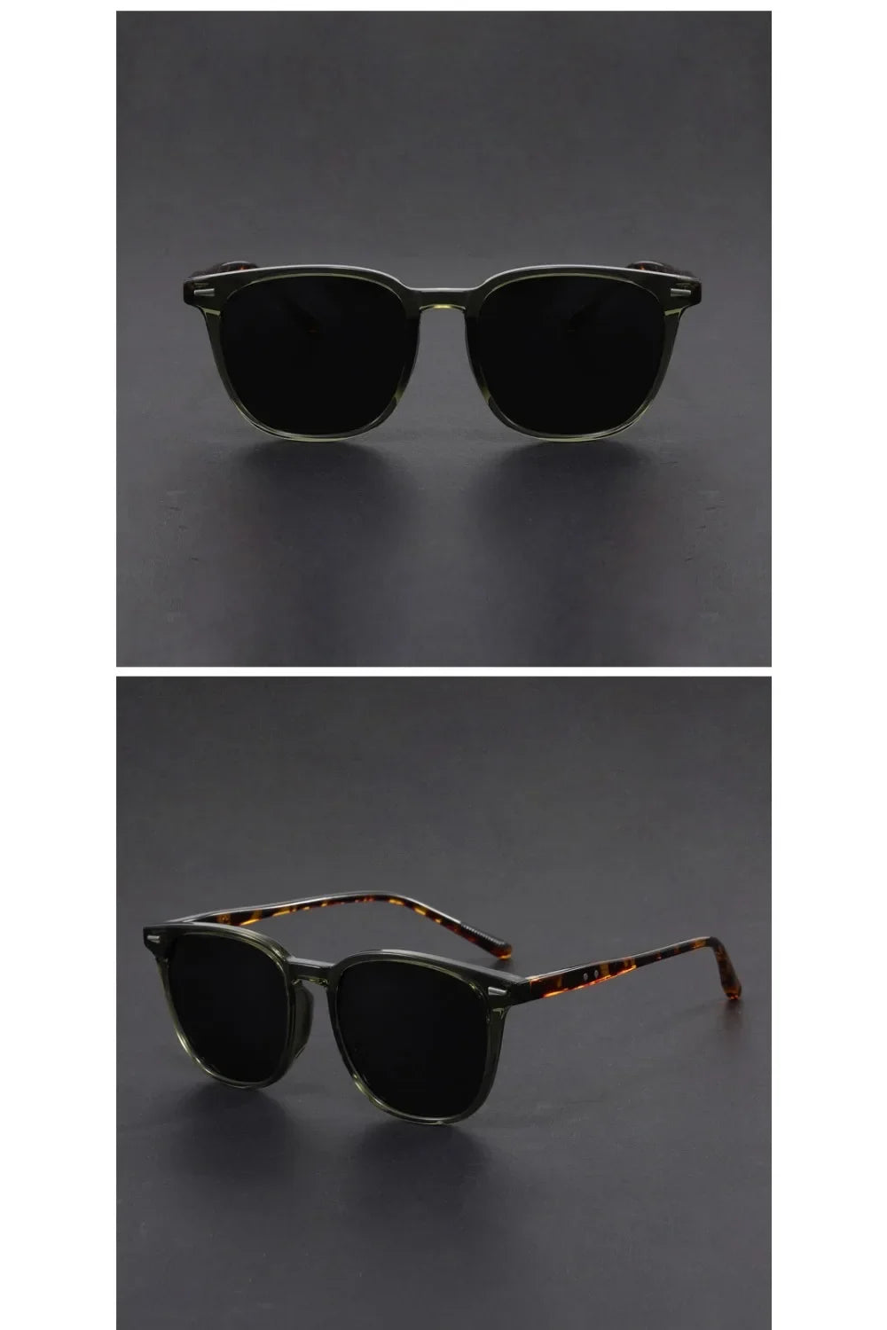 A pair of olive green sunglasses with tortoiseshell accents shown in two views.