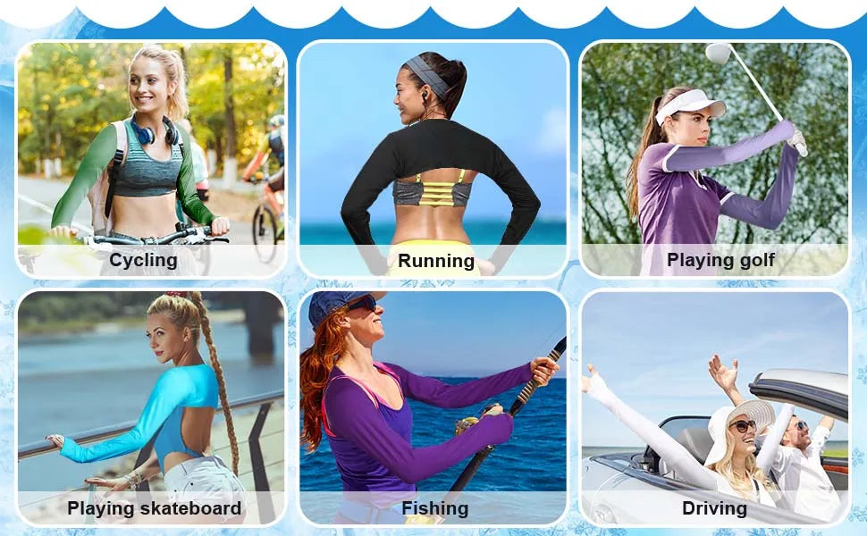 A collage showing people engaging in various outdoor activities like cycling, running, playing golf, skateboarding, fishing, 