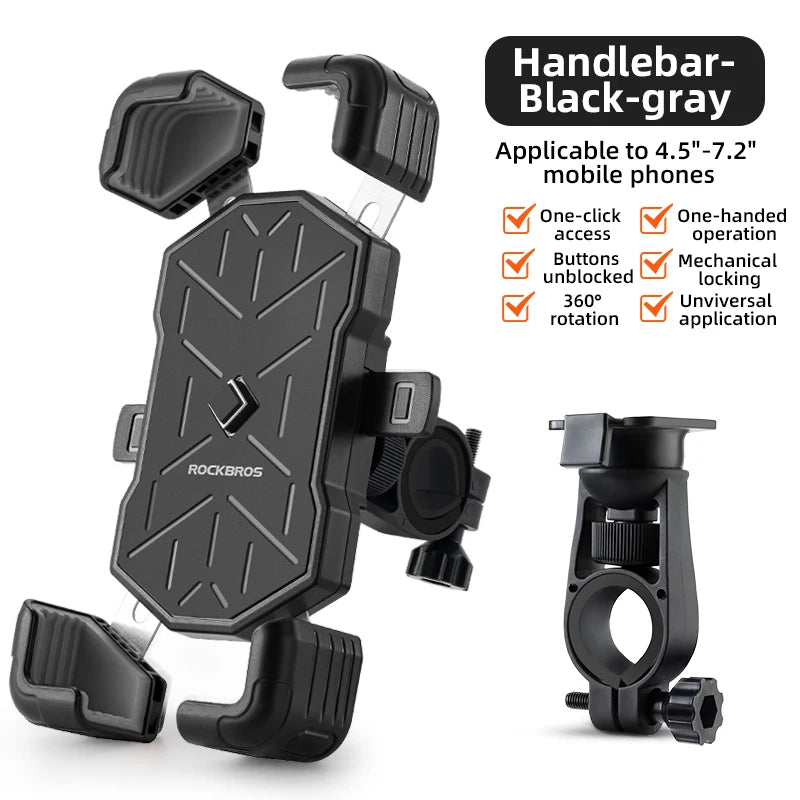 Support à pince noir-gris pour téléphones mobiles, adapté aux appareils de 4,5 à 7,2 pouces.
