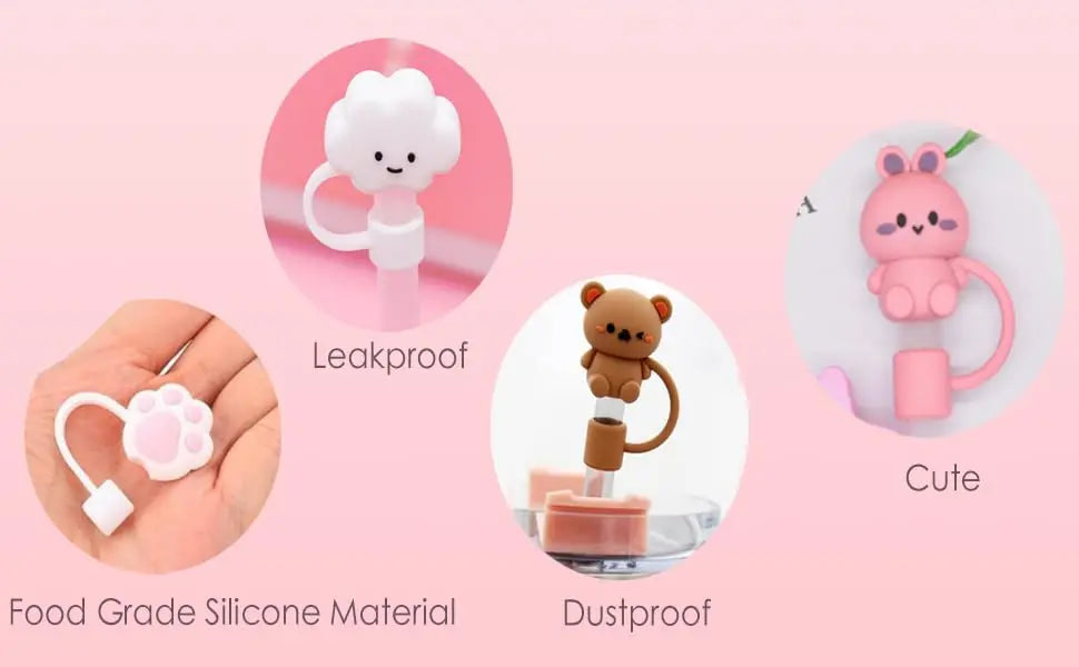 A set of cute silicone straw covers in pink and white, demonstrating leakproof and dustproof features.