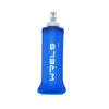 A blue silicone water bottle with a clear cap and a white label is shown against a white background.