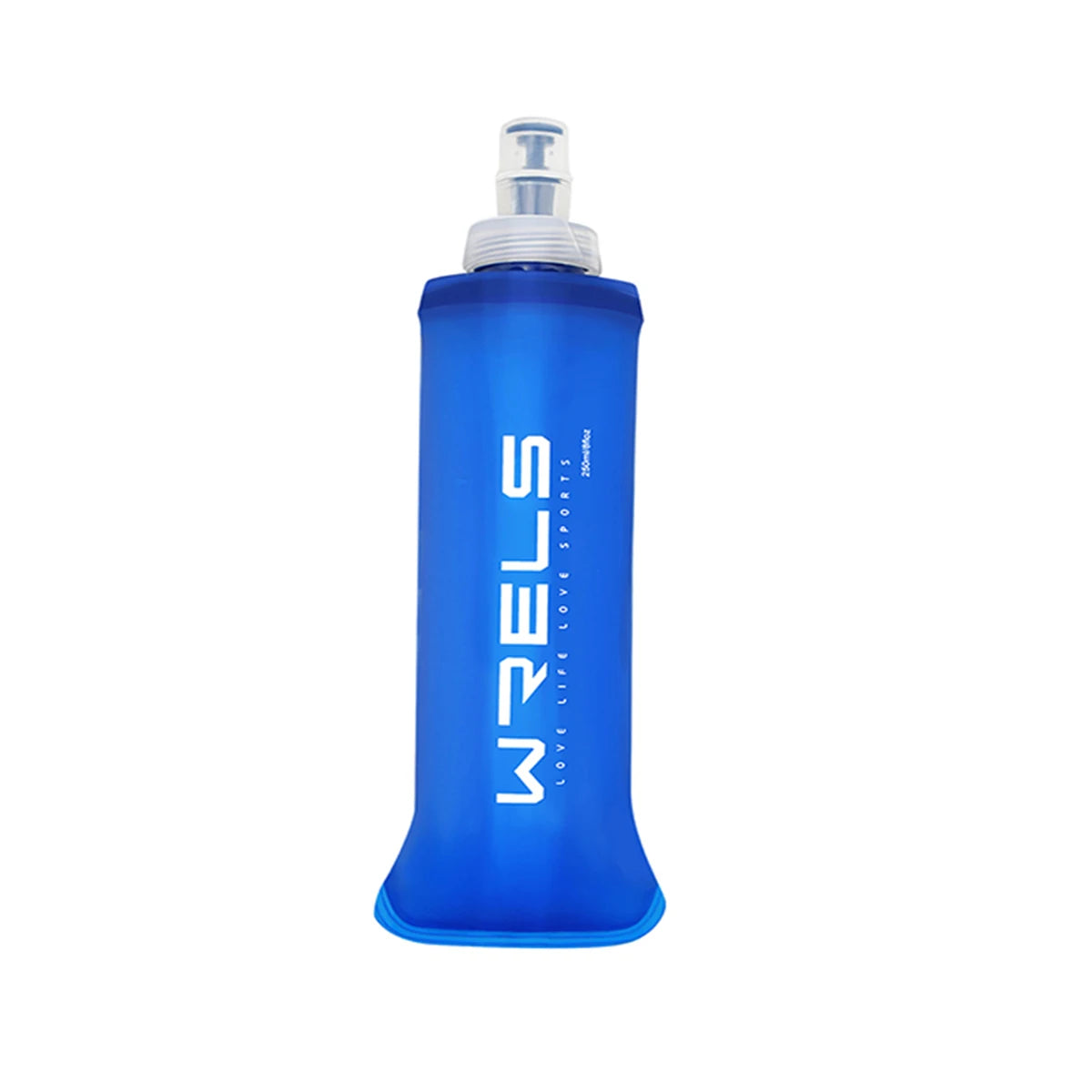 Botella deportiva de silicona azul plegable con tapa transparente.