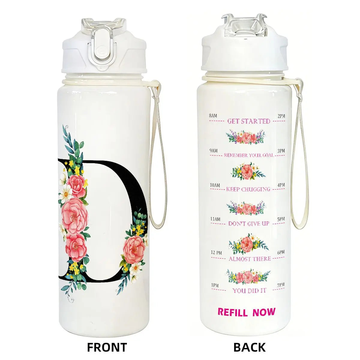 Front and back views of a white insulated straw tumbler for hydration