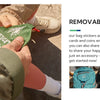 A hand is shown placing a removable pocket patch onto the fabric of a travel backpack.
