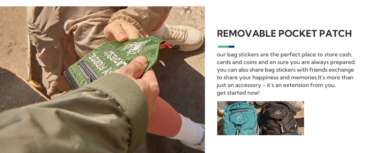 A hand is shown placing a removable pocket patch onto the fabric of a travel backpack.
