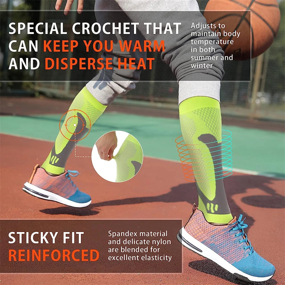 A person wearing bright lime green calf compression sleeves on their legs while running or exercising.