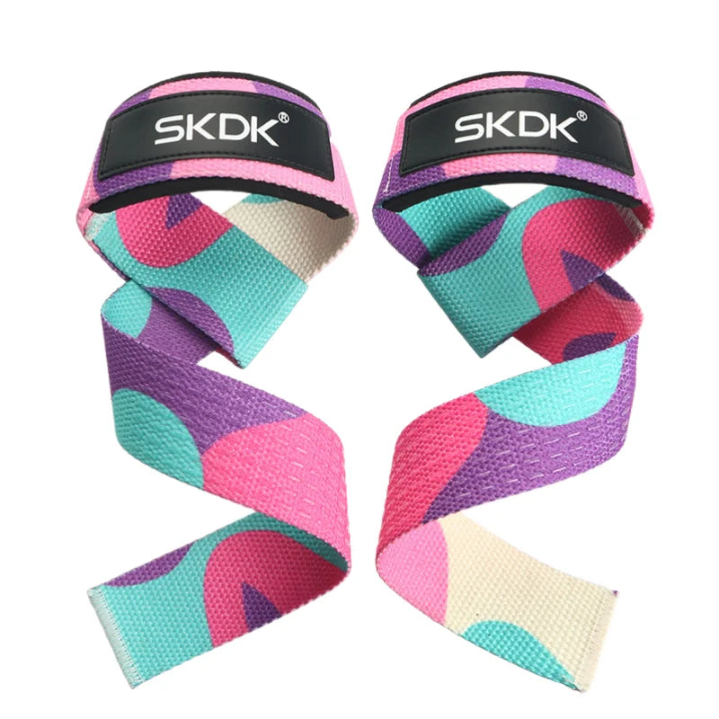 Pair of pink, purple, and teal heavy-duty weightlifting wrist straps with black padding.