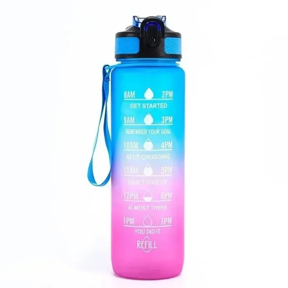 A pink insulated sports water bottle with a blue cap and time markers on the body.