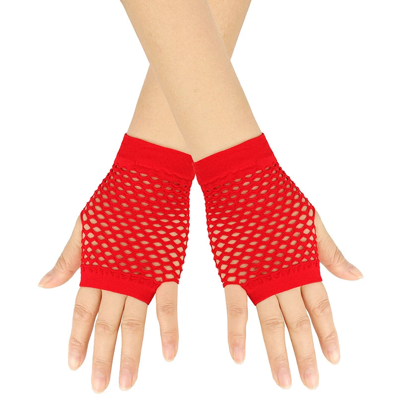 Red mesh fingerless gloves worn on a hand