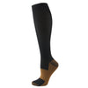 Black compression socks with a tan heel and toe section