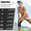 A woman demonstrates the sizing of an adjustable knee brace with various sizes labeled S through 3XL.