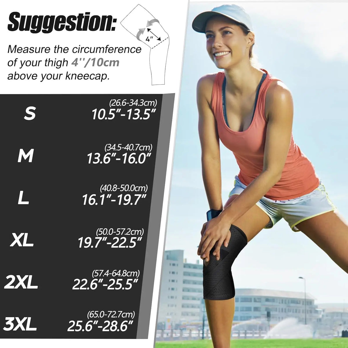 A woman demonstrates the sizing of an adjustable knee brace with various sizes labeled S through 3XL.