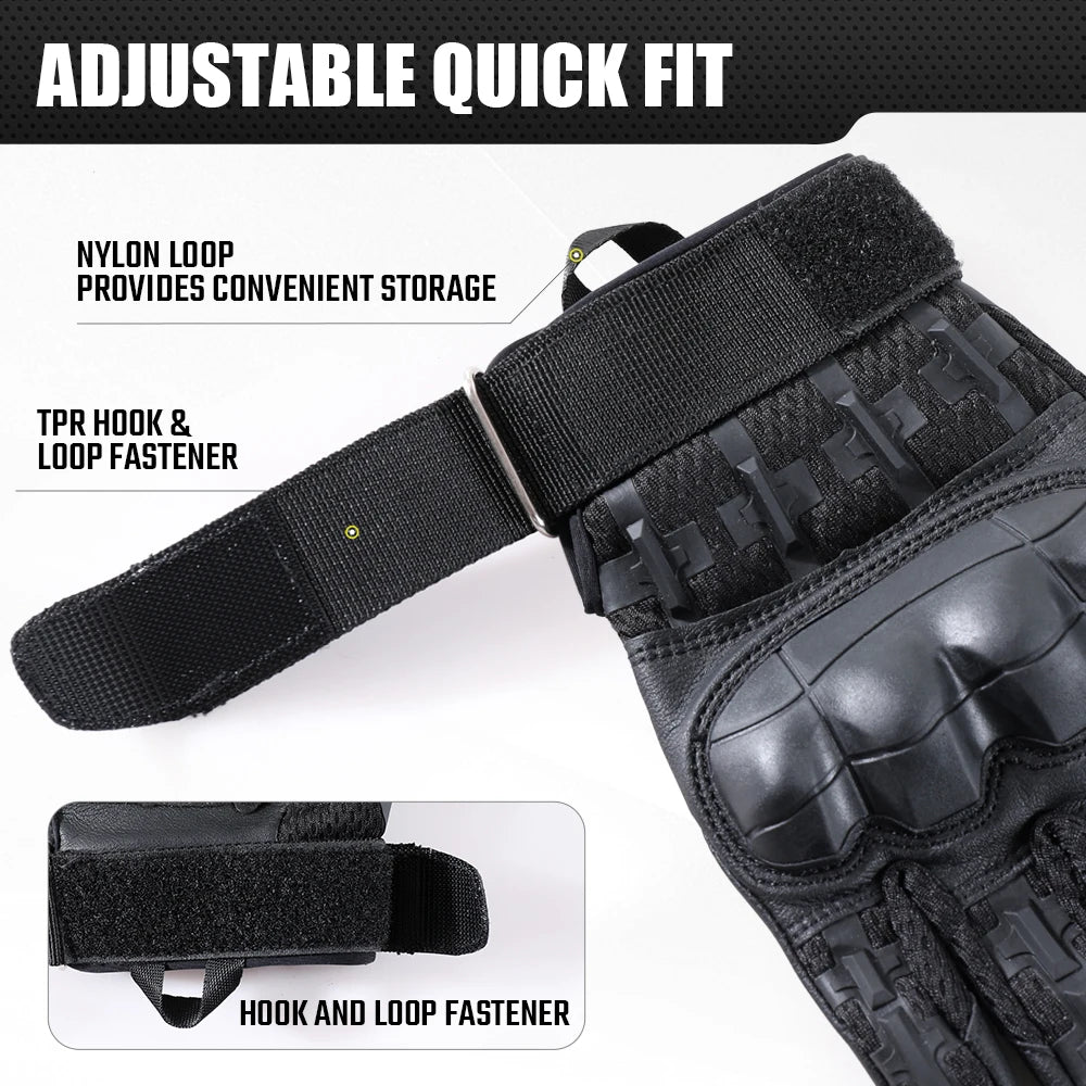 Close-up of black tactical outdoor gloves showing nylon loop and TPR hook fasteners for storage and fit adjustment