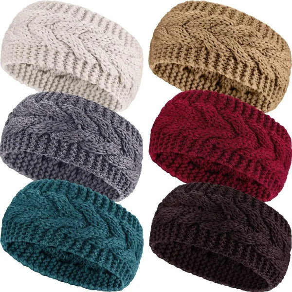 A collection of four knitted winter headbands in cream, beige, gray, and deep red colors.