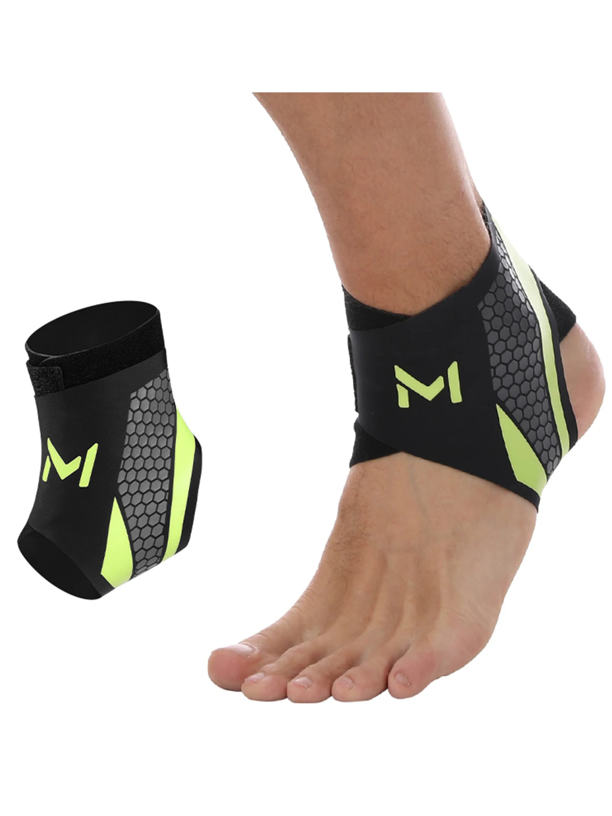 Black compression ankle support sleeve worn on a foot and ankle.
