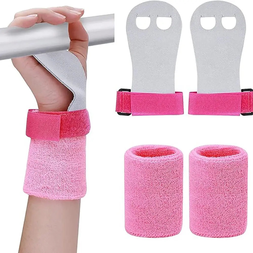 A hand is shown gripping a silver wristband, with pink protective grips and foam padding displayed below.