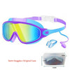 Purple swim goggles with white strap and nose clips shown next to their original clear case