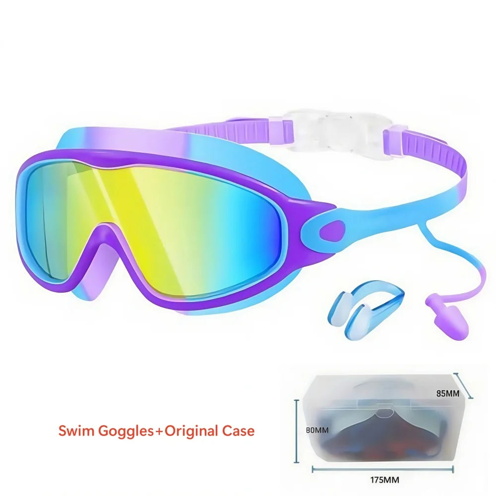 Purple swim goggles with white strap and nose clips shown next to their original clear case