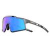 A pair of purple-tinted polarized sports sunglasses with black frames and a flexible arm.
