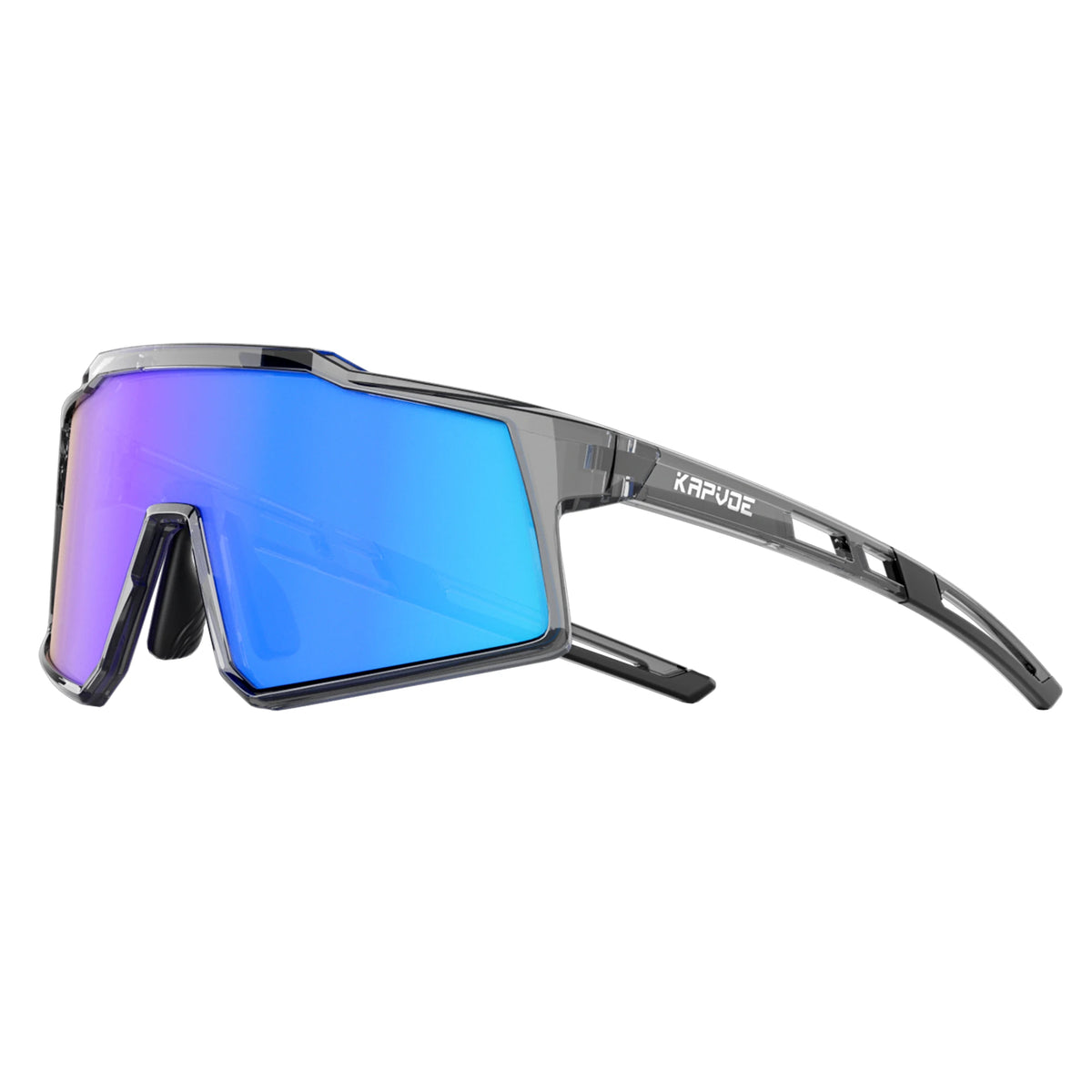 A pair of purple-tinted polarized sports sunglasses with black frames and a flexible arm.